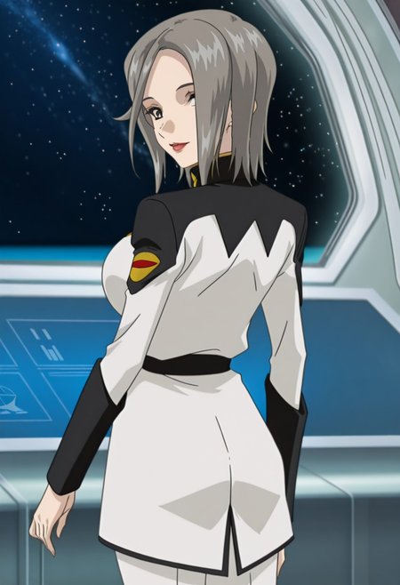 best quality, masterpiece, anime screencap, anime coloring, ultra detailed, source_anime, intricate details, perfect anatomy, looking at viewer,
meir shiva, 1girl, solo, grey hair, short hair, breasts, large breasts, grey eyes, hair over one eye, lips, makeup, lipstick,
uniform, military uniform, military, boots, long sleeves, pants, white military uniform, 
from behind, cowboy shot, looking back, smile, space, spacecraft,