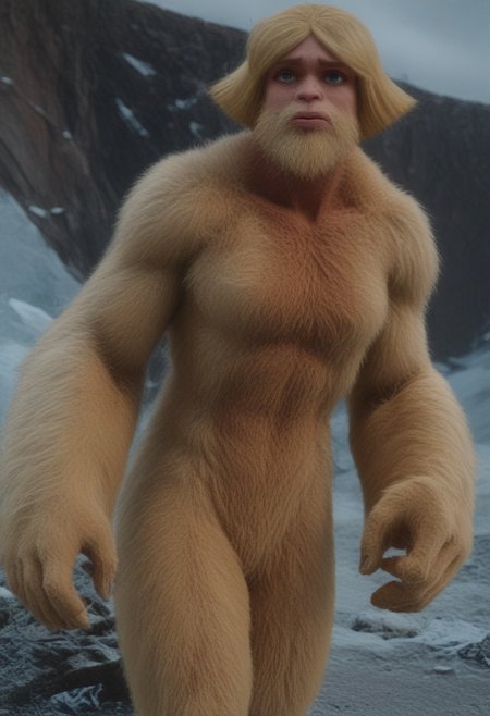 @brtlmss1, tall, muscular, thick limbs, large (kala:0.3) source_cartoon, cartoon_source, dark skin, yeti, bigsquatch, clover \(totally spies\), blonde hair, short hair, blue eye, on a mountain, blonde fur, female bigfoot, sasquatch, looking at viewer, breasts, sad gaze, detailed face, hairy body, detailed eyes, (detailed hands), detailed fingers, Shallow Depth of Field, hairy, FURRY BODY, yeti, (abominable snowman),  very big feet,  beard, covered in yellow fur,
