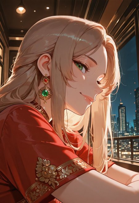 best quality, masterpiece, ultra-HD, cinematic lighting,aesthetic,i1d2sa2re,red saree,1 girl,30 years old,beautiful,solo,adult,looking at viewer,emerald color eyes,eyes detailed,light brown long hair,no bangs,smile,short sleeve, jewellry, ornaments,nacklace,BREAK,in upscale restaurant,standing beside floor-to-ceiling windows:1.2,high-rise,night city background,((mouth focus, close up,side profile))