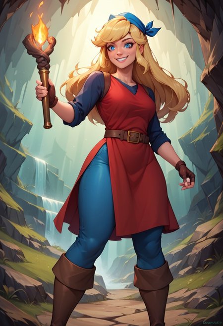 masterpiece, best quality, very aesthetic, absurdres,
score_9, score_8_up, score_7_up,score_6_up, score_5_up, score_4_up , 1girl, cadence, blue eyes, blonde hair, long hair, 
thick thighs, blue bandana, red tunic, fingerless gloves, brown boots, belt, blue pants,
standing,
smile, holding torch, cave background  <lora:CadenceIllustriousXL_byKonan:1>