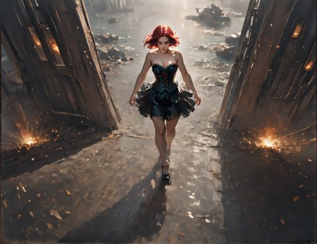 score_9, score_8_up, score_7_up, Fighting scene, shot from above, looking up against all odds, woman, pale skin, huge breasts, (skirt(side lace-up corset, black skirt)), crimson red hair, black highlights, <lora:_sdxl-gaming-pony:1> gaming, A fighter ship fallen, an alien moon of cold indifference, the debris of hope,highly detailed