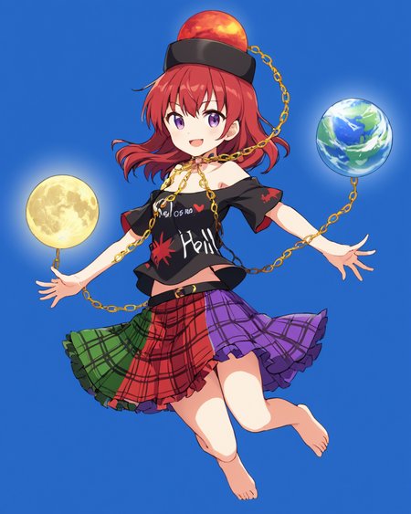 hecatia lapislazuli,1girl, solo, smile, polos_crown, open_mouth, multicolored_skirt, t-shirt, clothes_writing, gold_chain, short_sleeves, heart_print, green_skirt, black_headwear, red_skirt, purple_skirt, black_choker, barefoot, earth_\(ornament\), bare_shoulders, black_shirt, plaid_skirt, moon_\(ornament\), simple_background, looking_at_viewer, blue_background, off-shoulder_shirt, full_body, white_skin
<lora:hecatia_lapislazuli_image2747_2023-12-20:1>,star-shaped_pupils,symbol-shaped_pupils,. gorgeous,key visual, vibrant, studio anime,award-winning, professional, highly detailed,high budget, cinemascope