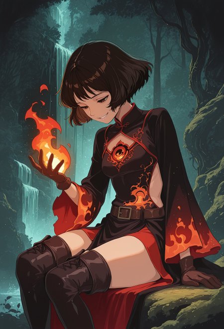 Studio Ghibli Dark Fairytale, 2DVFX, 1girl, solo, black hair, short hair, brown eyes, beautiful eyes, petite, small breasts, mandarin collar, ornate black robe, red inner dress, intricate flame embroidery design, long sleeves, leather gloves, leather belt, thighs, thigh boots, side cutout, 
BREAK
grin, half closed eyes, looking down at own hand, hand up, sitting, casting fire magic, sparks, elemental manipulation, dynamic fire, forest, waterfall, moss, ivy, 
masterpiece, best quality, very aesthetic, soft lighting, soft shadows, shaded