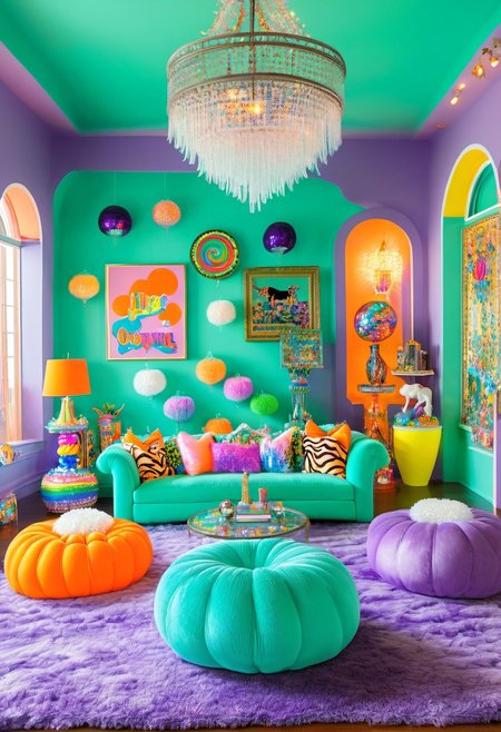 y2kmad, Light mood masterpiece photography, realistic, realistic photograph, crystal chandeliers, large chandelier, living room, two chandeliers, couch, indoors, giant gumball machine, coffee table, luxurious living room, glitter throw pillows, Lisa Frank inspired, scene indoors, owl room decor, pastel pillows, glitter pillows, Nickelodeon room decor, fancy furniture, Lisa Frank colors, fluffy neon rug, clouds painted on walls, coffee table, elephant statues, two chairs, books on table,  throw pillows on couch, zebra print throw pillows, light coming in from outside, arcade game, gaudy couches, giant lava lamp, lava lamp, disco balls, fairy room decor, large windows, maximalism, green, blue, turquoise, purple, orange, purple couches, maximalist living room, soft rug, neon rug, cat statue, lots of pillows, 2000s, Lisa Frank alien pictures on wall, water bed, green Glass, Vinyl, neon green lamp, pastel pink walls, Vivid colours, plastic orange designer chair, crystal beaded curtains, funky room, futuristic shaped chair, neon lights