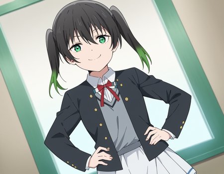 score_9, score_8_up, score_7_up, source_anime, <lora:yuu-takasaki-s2-ponyxl-lora-nochekaiser:1>, yuu takasaki, bangs, black hair, hair between eyes, twintails, green eyes, multicolored hair, green hair, medium hair, two-tone hair, gradient hair,, skirt, long sleeves, school uniform, jacket, red ribbon, black jacket, blazer, nijigasaki academy school uniform, white skirt,, indoors, smug, smile, looking at viewer, solo, hands on hips,, cowboy shot, dutch angle