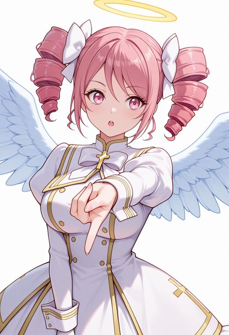 Smooth Quality,masterpiece,very intricate, high quality details, ultra realistic, high detailed skin,detailed enviorement,absurdres,
gyaru v,
 <lora:Pino_CNR:0.8>
pino_cnr, 1girl, pink hair, short hair, twintails, drill hair, pink eyes, large breasts,
pino_cnr_def, white dress,white bow, hair bow, hair ribbon, cross, necktie, long sleeves, juliet sleeves, halo, angel wings,, simple background, white background, dynamic angle,solo,, open mouth,