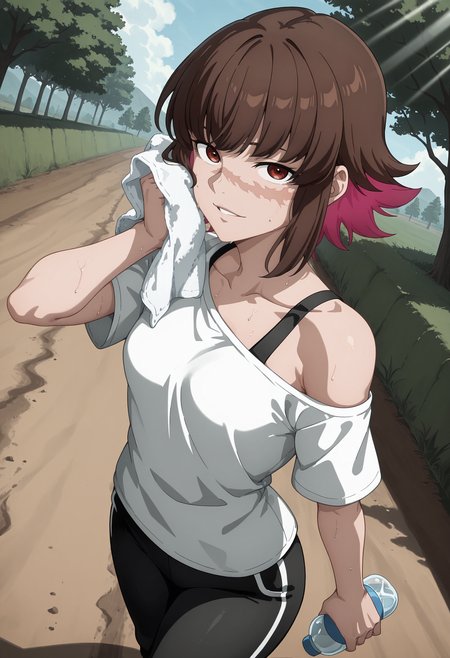 best quality, amazing quality, perfect quality, high quality, masterpiece, absolutely eye-catching BREAK
<lora:Shangri-La_Frontier_-_Rust_NH:1> ShangriRustNeph, scar on cheek, red eyes, colored inner hair, brown hair, pink hair, short hair, bangs, sidelocks, small breasts BREAK
white t-shirt, off shoulder, bra strap, black capri pants BREAK
1girl, solo, outdoors, dirt path, trees, blue sky, sunbeam, walking, wiping sweat, sweat, towel, holding water bottle, parted lips, light smile, looking at viewer, cowboy shot, dutch angle