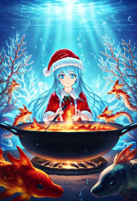 masterpiece, best quality, high quality, good quality, boy, long hair, blue eyes, blue hair, animal, Seahorses, christmas animals, cooking, underwater, glowing corals, festive ambiance, bioluminescence, holiday theme, detailed, intricate details, dynamic lighting, festive accessories, Santa hats, christmas animals, d2j3m0x