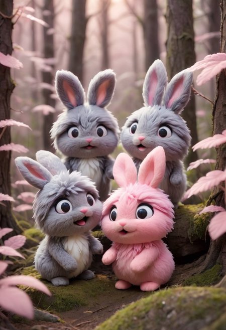 source_anime, Cute wonderful creatures, Microphotography, chibi, cute  fluffy rabbits ,pink and grey, in a dreamy forest, ispzxll, In a felt puppet world style,