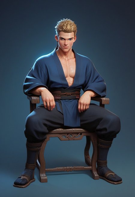 score_9,score_8_up,score_7_up,score_6_up, 1boy, boy,(handsome, cute) solo, blue eyes, blond hair, sitting on chair, smug,, very short hair,(muscular body:0.9)), Sci-fi Environments, Sci-fi chair, jedi robe, 1boy, male focus, full body, XUER martial arts style,