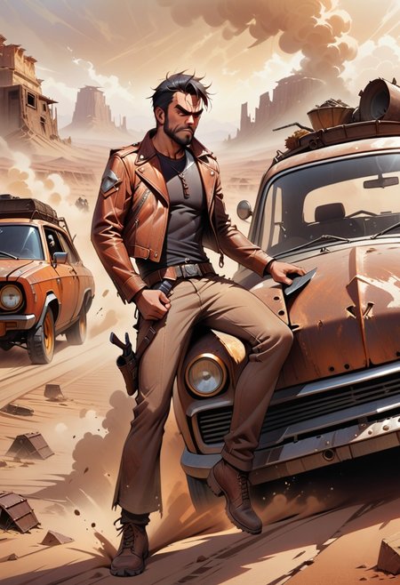 one man, black hair, clean face, square jaw, eye crinkles, annoyance, frown, kicking car, desert, old road, Jug tied to top, rust on car, aged car, bars instead of windows, side holster, knife in carrier, leather jacket, old west undershirt, dust storm in distance, dvr-rst,  defined, highly detailed,