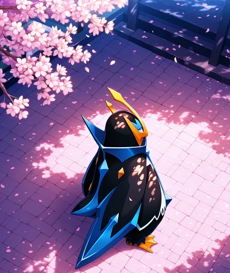 vibrant, detailed, detailed background, amazing quality, colorful, masterpiece, 8k, rtx,  <lora:empoleon-illus-15:0.9> pempo, pinguin_boy, (empoleon), (solo, alone), falling petals, cherry blossom, from above, looking away, dappled sunlight, beutiful background,