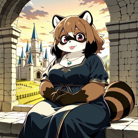 zuppu11, 1girl, solo, furry, furry female, cute, kemono, raccoon, raccoon girl, raccoon ears, raccoon tail, dress, medium breasts, plump, fat, chubby, own hands together, jewelry, sitting, medium hair, royalty, outside, castle and forest in background with setting sun, medieval, best quality, looking at viewer, tongue out, highres, absurdres, very high detail