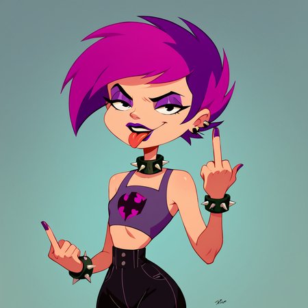 score_9, score_8_up, score_7_up, 1girl, two-tone hair, tan, purple hair, pink hair, short hair, spiked collar, eyeshadow, lipstick, flat chest, narrow waist, wide hips, looking at viewer, tongue out, middle finger, highres, high quality, masterpiece, <lora:Ophelia_Ramirez:1>