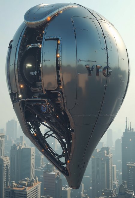 yfg-sm0rg, A yfg-bgy, its smooth, metallic surface reflecting the light, hovers above a futuristic cityscape.