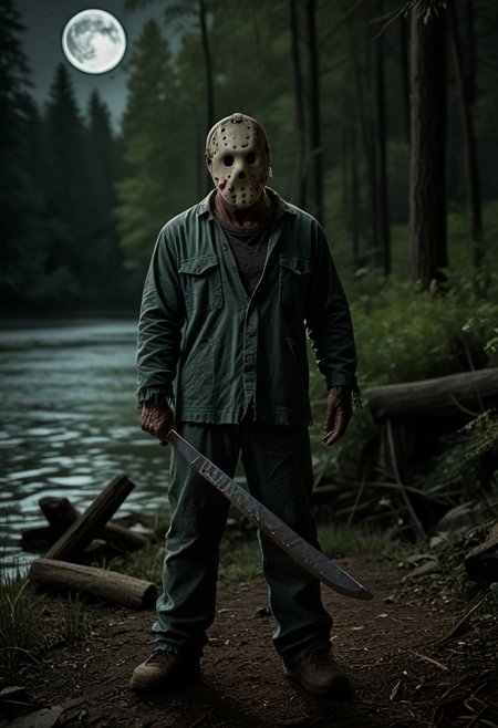 <lora:VHS_Pony:2.6> vhs footage of 1boy, monster, mask, no eyes, bald, holding machete in one hand, lake in the background, summer camp in the forest, lakeside, wooden dock, full moon, night, jumpsuit, muscular, full body,
 blurry, chromatic aberration, glitch, noisy, distorted, full body <lora:jason_voorhees_v0.5-pony:1.2> <lora:dark:0.7> dark