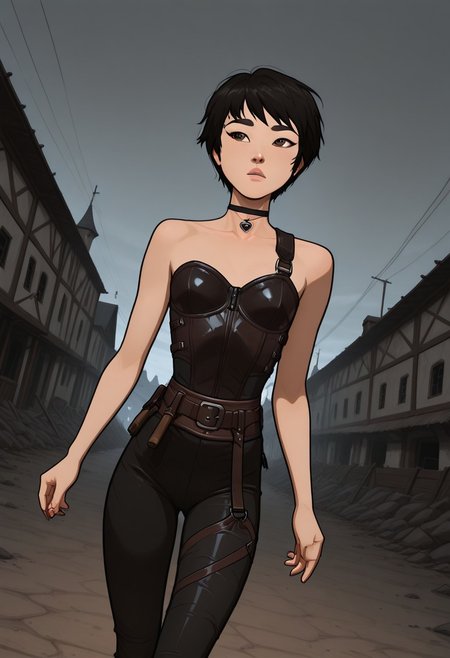 masterpiece,best quality,amazing quality,newest, absurdres, highres, detailed eyes, beautiful, perfect eyes, finely detailed face, very aesthetic, anime coloring, anime screencap, incoth, (incase:0.6),
1girl,  
KimmyDKov, short hair, black hair, brown eyes, slim, small breasts, 
black choker, leather armor,  
walking on the street, dynamic pose, dutch angle,
outdoor, medieval setting, battlefield,
