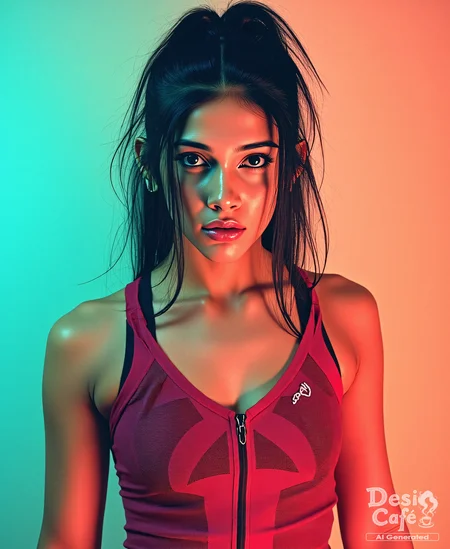 from front photo of tara sharma woman, hyper realistic photo that is safe for work, angry, studio quality image with natural colors, well dressed wearing intricate sleeveless Crimson full body Gym Wear, hair styled as  messy hair,muted pastel shaded multicolored background that contrasts with the person, cinematic lighting,ââ    <lora:Tara_Sharma_Flux_Kohya_V1:1>âââ