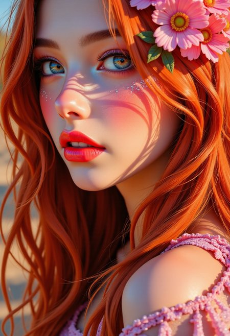Photorealistic digital painting of an ethereal woman with long flowing red hair,  a porcelain-like, extremely pale complexion and natural warm blush on her cheeks. She has blush-toned eyeshadow and delicate, ethereal facial features. Her face is adorned with a stylish face painting that make her look otherworldly and psychedelic.  The artwork is highly detailed, with a soft, realistic lighting style that enhances the warm undertones in her skin.