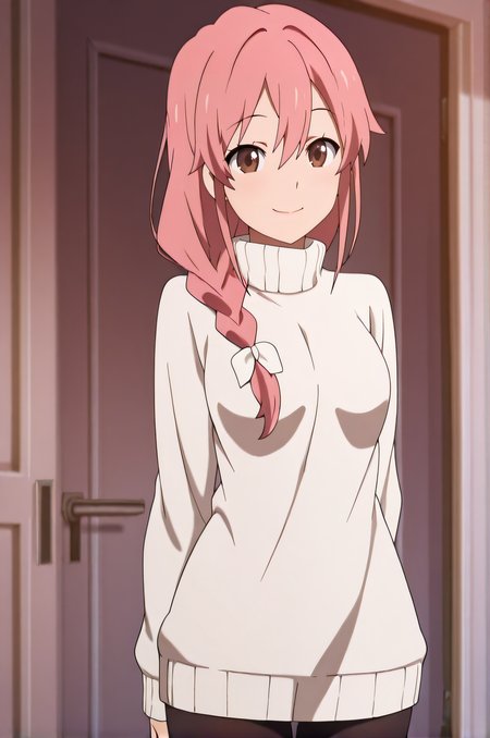 masterpiece, best quality, highres, newest, 1girl, solo, official style, anime screencap, <lora:Subaru_Mom:1>, subarumother, pink hair, hair over shoulder, hair bow, braid, brown eyes, white sweater, turtleneck, medium breasts, black pantyhose, looking at viewer, smile, indoor, cowboy shot