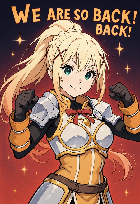masterpiece, best quality, 1girl, solo, eyelashes, (beautiful eyes),    We4reSoB4ck, text, medium breasts, (curvy),   darkness \(konosuba\), long hair, green eyes, blonde hair, hair ornament, ponytail, braid, x hair ornament,, gloves, armor, bodysuit, shoulder armor, armored dress,  dynamic pose, foreshortening,  (upper body), smile, looking at viewer, gradient background,   ,<lora:We4reSoB4ck_IXL_v1:1.0>,