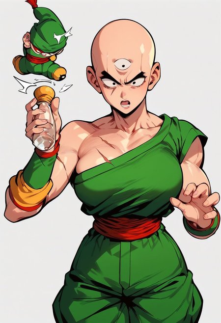 score_9, score_8_up,score_7_up, score_6_up, score_5_up, score_4_up,score_9, score_8_up, score_7_up, tien, third eye, bald, black eyes, female, green shirt, single bare shoulder, scar on chest, green pants, green wristband, red sash, sleeveless, yellow leg warmers, black flats, shocked expression, standing, holding empty glass bottle, genderswap \(mtf\) cowboy shot, exclemation point over head, female body, smooth female,