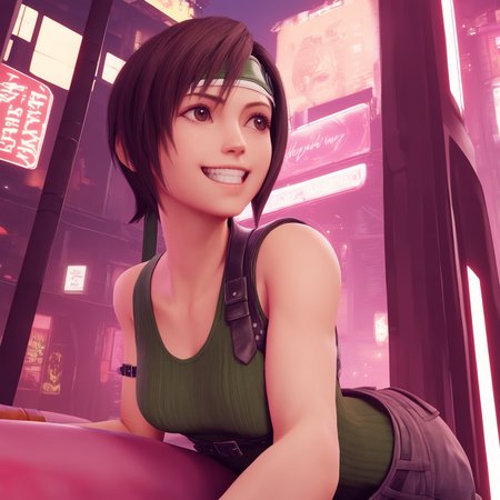1girl,yuffie kisaragi,grin,looking to the side,<lora:FF7Rstyle_illustrious:1>,ff7rstyle,outdoors,cyberpunk,alleyway,night,masterpiece,newest,