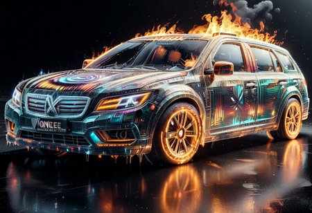 Ice meet flame THEME, Ghostrider in his car on (fire, f1r3:1.1) (made of  (angular shard, voxel, glass, 1c3_w1n73r:1.4):1.4), (reflection:1.1),