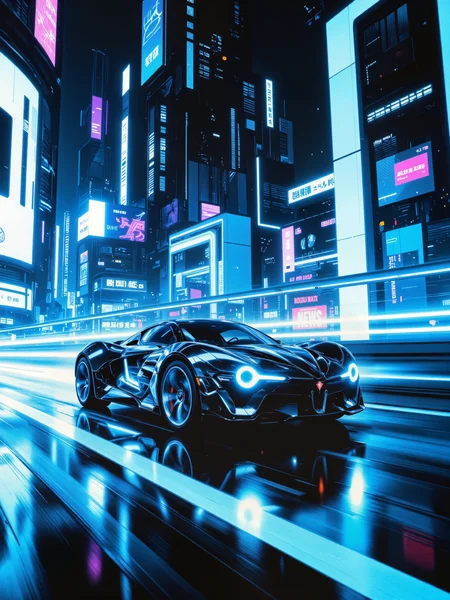 cinematic photograph, dutch angle, science fiction action scene, cyberpunk-tron style with high-contrast neon and sleek futurism, front view at an angle of a technologically advanced tron style hypercar, a high-tech hypercar with glowing blue-white energy lines streaks through the neon-lit canyons of a futuristic tron-inspired city, the vehicleâs design is low-slung and aerodynamic, with sharp angles, glowing wheels, and illuminated circuitry woven across its body like digital veins, the background is a blur of towering digital skyscrapers and glowing holographic signs, the architecture is angular and luminous, composed of geometric panels, energy conduits, and translucent surfaces pulsing with vivid color, distant monorails and light trails cut through the upper levels of the cityscape, the hypercar drives towards the viewer at an angle, caught in a sharp dutch angle view that emphasizes speed and intensity, motion blur trails behind it in streaks of vibrant neon blue and electric cyan, the reflections ripple across the slick, glassy road that mirrors the city lights, the city around is bathed in a glowing grid of lines and symbols, hints of magenta and purple cut through the cool blue palette, flashing signs and digital advertisements flicker in rapid succession, adding chaos and life to the scene, the shot captures the vehicle mid-drift, light slicing off the angular bodywork, the wheel arcs lit up like circular blades, glowing particles trailing behind from the rear turbines, suggesting extreme speed and energy output, camera angle is low and canted in a tight dutch angle, lens flares, motion blur, and dynamic perspective emphasize velocity and disorientation, the composition pushes the viewer into the chaos of motion, lighting is harsh and vivid, full of extreme contrast between neon highlights and deep shadows, intense bloom effects around lights, combined with reflections on polished, glossy, surfaces to enhance immersion, rendered in ultra-high-definition with hyper-detailed materials and reflective surfaces, blending the aesthetic of tron legacy and modern racing cinematography, shot on virtual anamorphic lens with digital post-glow overlays, ovg, artilands02, <lora:style-fantastic_landscapes-v2-flux-by_artifyai:0.6><lora:dynamic_blur_effect-flux-by_yelvti:0.6> <lora:style-tron_legacy-flux-by_dal_mac:0.6>