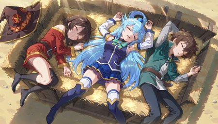 (konofan),kono subarashii sekai ni shukufuku wo!, konosuba,masterpiece,best quality,amazing quality
,ADDCOMM,
sleeping in a barn,morning sun, morning, godrays,multiple people,1boy,2girls,everyone,(from above),symmetry,(group,group image)
,ADDBASE,
2others,megumin, fetal position, puffy cheeks, curled up, on side,sleeping,(from above,full body:1.2),hat,hay
,ADDCOL,
(division, empty, no humans)
,ADDCOL,
3others,aqua \(konosuba\), aqua, on back, stretched limbs, open mouth, snooring, drool, messy hair,raised arms, contorted, bent knees,sleeping,(from above,full body:1.2),hay
,ADDCOL,
(division, empty, no humans)
,ADDCOL,
2others,satou kazuma, kazuma, on side, stretching one leg,hand behind head,sleeping,sideways,(from above,full body:1.2),hay
, <lora:Konofan-Illustrious:0.8>