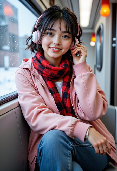  Hyperrealistic, she is approximately 18 years old, she is smiling, dynamic angles, multiple angles,She is looking at the camera, photoshoot poses; A photo of Yun-Hee_wkrea_ComfyuiCC, a young woman with black hair, She is wearing pink and white headphones, a pink jacket zipped closed, a red and black checkered scarf, blue denim jeans, with black boots,  she is posing for the camera.  sitting on a bench inside a bullet train, the veiw outside is of a futuristic city made of glass,, daytime, it's snowing outside, The scene is set in a beautiful well lit environment, with a sense of action and adventure. listening to her music. the young woman being the main focus of the image. she is posing for the camera with a smile on her face. Style: realistic hyper-detailed rendering, 32k UHD, expressive eyes, punk, graphic design, girl's face, pretty and cute, gleaming lips, telling a tale of adventure. Exuding confidence and serenity. The overall mood of the image is happy and relaxed,detailed skin texture,(blush:0.2),(goosebumps:0.3),subsurface scattering,with a playful and whimsical tone,  Detailed hand, perfect hands, retro50s_style, niji style, looking at the camera, looking at the camera, looking at the camera, 