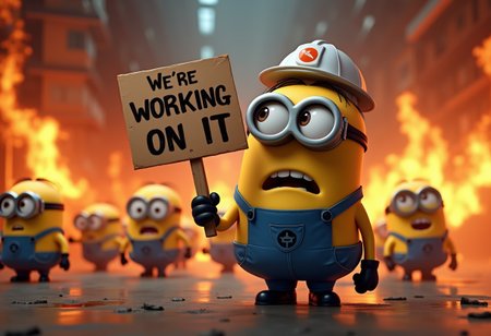 Cartoony style, a worried minion dressed as engineer looking at viewer with a thumb up holding a sign that reads "We're working on it", behind him there are several minions running around with their hands on the air screaming in fear and shock in a lab full of fire, crowd of minions running away