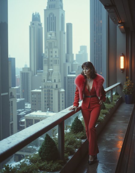 Cinematic scene of a dystopian cityscape with skyscrapers, industrial vibes, cloudy sky, snow on the ground,  the balcony of a skyscrapers, potted hedges and heat lamps, a women in a red business outfit and fur jacket leaning on the railing,  luxurious and art deco while yet dystopian. 
<lora:80s_Fantasy_Movie:1> ArsMovieStill, 80s Fantasy Movie Still
