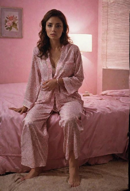 (High detail RAW Photo), a woman sits in corner of her bedroom, wearing pajamas, 1970s \(style\), ((posters on the wall and led strip lights)), (pink and blue ambient:1.3) ((close up:0.7)), (masterpiece, extremely detailed skin, photorealistic, heavy shadow, dramatic and cinematic lighting, key light, fill light), sharp focus, film grain, grainy, cinematic, imperfect skin,  fabrics, textures, detailed face, detailed skin, warm colors