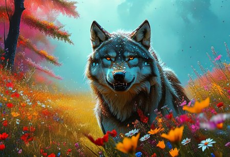 a mystical forest, light fog, a majestic wolf gently walks on the meadows, picturesque colors flowing in sync with the dance of life, a colorful meadow with many different flowers, early dew, small drops of dew on the flowers and grass, the first rays of the sun, colorful butterflies