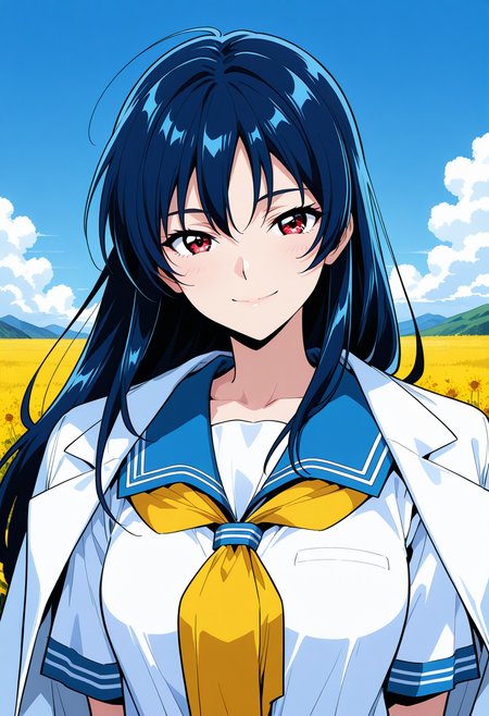 ougigaya_tetsuko, red eyes, blue hair, long hair, BLEAK jacket on shoulders, lab coat, school uniform, serafuku, blue sailor collar, yellow neckerchief, short sleeves, <lora:asuka120_ougigaya_tetsuko_illustrious_ver1:0.8> 
smile, upper body,, masterpiece, best quality, sensitive,, 1girl, solo, (field:1.2), (blue sky:1.2), looking at viewer,