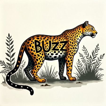 A stylized side-view of a leopard, where the word "BUZZ" is hidden within its fur pattern, designed in an artistic ink-wash style. The leopard is illustrated with expressive brushstrokes, and the black rosette markings subtly form the letters. The background is a hand-painted jungle with an elegant, traditional ink aesthetic, reminiscent of East Asian calligraphy and wildlife art.