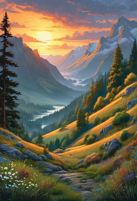 A captivating night scene illustration featuring a beautiful scene of the great out doors in the pacific northwest..   There are great mountains, pine forests, and rivers.  It is an outdoorsman's dream.  This enchanting artwork captures a serene and peaceful night, where the sun is just starting to rise over the beautiful hills and castle which   stands resolute amidst hills of Wales, creating a cinematic experience., illustration, cinematic
<lora:DonM3t3rn1tyXL-v1.1:0.7>, DonM3t3rn1tyXL,
OverallDetailXL  <lora:MJ52:0.3>  <lora:SDXLFaeTastic2400:0.4>  <lora:EpicF4nta5yXL:0.7>