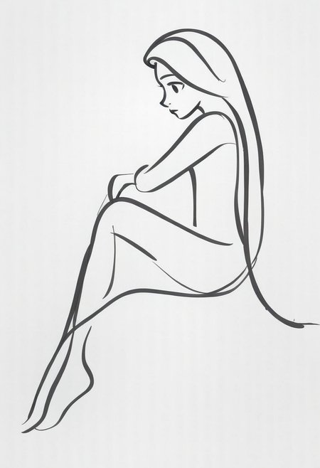 1girl, full body, sitting, legs together on side, holding her ankles, graceful, Rapunzel,   ((solo)), from side, portrait, 
dynamic  sketch, Minimalism, Greyscale, Stylized