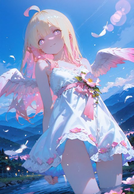 Looking at viewer,low angle,happy

1 girl, short and petite,(waist length hair:1.2), straight hair,blonde hair, (vibrant pink accents hair:1.1),fair skin,pink eyes, sparkling eyes,ahoge,small wings ,floating feathers

Sundress

Flower fields, blue sky, cloud,mountain,river

Dark blue background, glimmer, sparkling effects, (anaglyph refraction:1.5),subtle (blue hue:0.8), and a strong (pink glow:1.4),(Bokeh around character:1.2),(character focus:1.2),

Cunnystyle,748cmstyle,Smooth_Quality,masterpiece,best quality,amazing quality, aesthetic,(vibrant colors:1.5),(bold lines:1.3),(saturated:1.4),((4k,8k,Ultra HD)),((Masterpiece :1.2)),((Best quality :1.2)),((Detailed :1.5)),((Detailed background :1.5)),