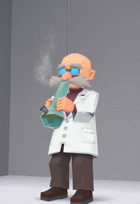 laboratory background, 1boy, GeraldRobotnik, 1boy, white scientist's lab coat, distinctive long white mustache, brown trousers, matching brown shoes, maroon red shirt, blue goggles, bald, inhaling, standing, bongil, lowpoly, ps1, psx, low poly, 3d