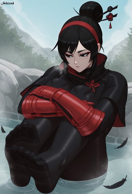 salazr4, outdoors, undershirt, falling feathers, black bodysuit, hair stick, hugging knees, knees to chest, gauntlets, eyeshadow, red gloves, two sides up, black capelet, red hairband, black eyes, 1girl, solo, feet, visible breath, dynamic angle, foreshortening, smell, steam, onsen, water