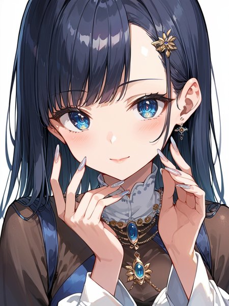 score_9, score_8_up, score_7_up,(source_anime:1.3), high res image,masterpiece,best quality,girl,cute face,clear skin,shiny hair,ultra detailed eyes,simple background,  <lora:nail art_pony_V1.0:1> nail art, fingernails,jewelry nails,long nails
