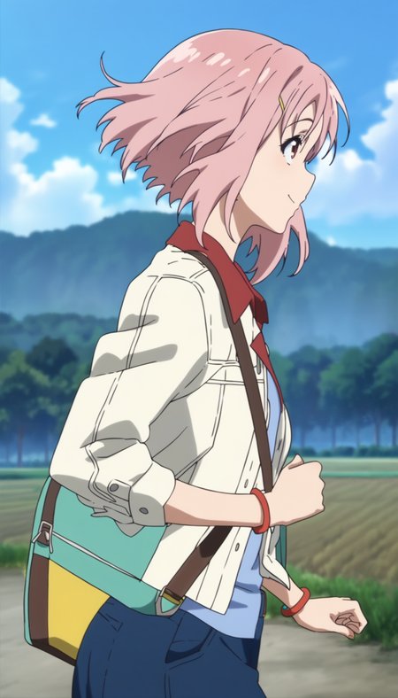 score_9,score_8_up,score_7_up,
<lora:yoshinokoharu>,yoshinokoharu,
1girl, solo, pink hair, short hair, bouncing hair, bangs, red eyes, looking ahead, smile, closed mouth, white jacket, carrying a single-strap shoulder bag, upper body, running, from side,   
outdoors,morning,summer,rolling hills,tree,fields,blue sky,cloud,