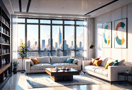 ((front view)), Shallow scene, ((animation style)), modern-style interior, with white walls, (large windows), a  study, Sofa, coffee table, bookcase, single wall, 
warm light morning sun, ((City high-rise building scenery)), (clear sky)