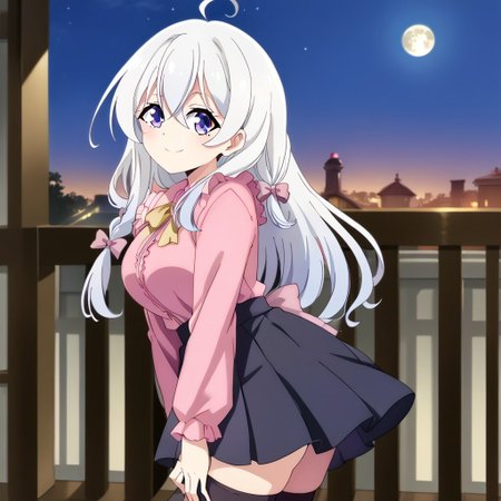 (score_9:0.9),score_8_up,score_7_up,rating_safe,anime style,(zPDXL),masterpiece, anime coloring) rating_safe, anime style, anime_screencap, source_anime,
BREAK source_anime, anime, best quality, masterpiece, rating_safe, uncensored, High quality, 8k, Ultra, 
BREAK (Balcony, night sky, moon, wind),
BREAK  1girl, Elaina (Majo no Tabitabi), long hair, hair between_eyes, blue eyes, purple eyes, white hair, ahoge, braid,
<lora:jirai kei_pony_V1.0:1> jirai kei, bow,pink shirt,black skirt,thighhighs,
BREAK  ((cowboy shot)),(looking back),(hand in own hair),(hand between legs),(from back),
busty breasts,
(medium breasts:1.2),looking at viewer, smile,