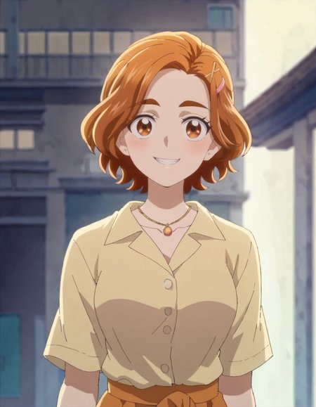 score_9, score_8_up, score_7_up, 1girl, solo, anime screencap, 1girl, solo,hyuugasaki,  jewelry, hair ornament, smile, looking at viewer, shirt,  hairclip, yellow shirt, necklace, cowboy shot,medium breasts,blush <lora:hyuugasaki:0.8>