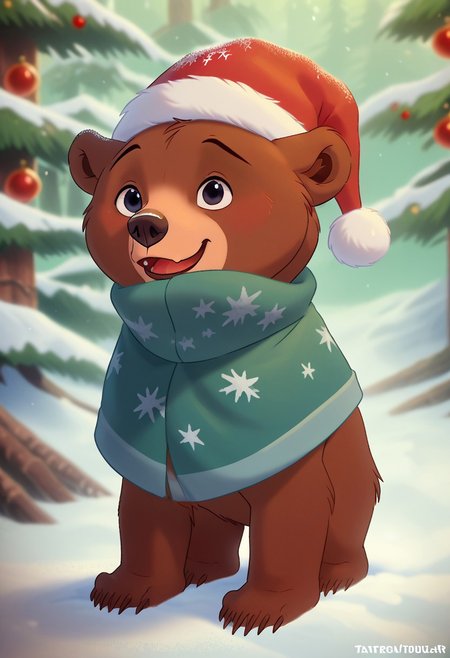 score_9, score_8_up, score_7_up, masterpiece, best quality, magical landscape with enchanted elements, fantasy art style, Christmas theme, intricate details, ultra sharp, exquisite detail, flawless composition, vivid colors, masterpiece, exciting background, Christmas tree, Christmas,winter forest, BeverlySF, detailed fur, santa hat, christmas critters, Koda, Brother bear, cute