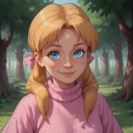 score_9, score_8, BREAK, solo, Kim_Cherrywood_(The_Care_Bears_Movie), 1girl, blue eyes, blonde pigtails, pink sweater, pink bows, blue jeans, pink shoes, self portrait, smile, looking at viewer, outdoors, sunlight, shadows, evening lighting, natural lighting, forest, trees, grass, orange sky, sunset
