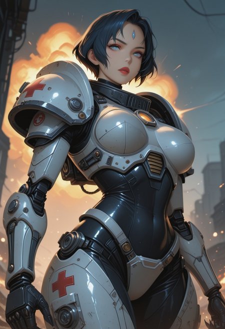 ultra realistic, masterpiece, high detailed skin, best quality, high res, very aesthetic, anime style, studio anime, source_ecchi, anime, (finely detailed face), (petite body:1.3), <lora:Majin_Kesselring_2_nai-000055:1>,Majin Kesselring, blue forehead jewel, sharp fingernails, eyelashes, large breasts, makeup, smokyeyes, mascara, puffy lips, glossy red lipstick, cinematic film still of a female combat-medic (space-marine:1.4), heavy white armor with red cross symbol and the words "medic", (motion-blur:1.4), running through a battlefield, explosions, tracer-shots, warhammer 40000, sci-fi, futuristic, dystopian future, technology, in the style of michael bay, in the style of zack snyder, in the style of christopher nolan, epic. orange & teal tones, shallow depth of field, vignette, highly detailed, high budget Hollywood movie, bokeh, cinemascope, moody, epic, gorgeous, film grain, grainy,  foreshortening, lascivious pose, creating a peaceful and tranquil atmosphere, (blurry background, depth of field:1.1), dynamic dutch angle, bright colors, stunningly artwork, close-up cowboy shot from below,